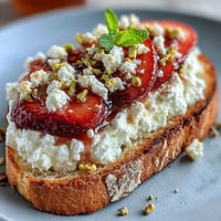 A golden sourdough slice topped with creamy ricotta, fresh strawberries, and crunchy pistachios, drizzled with honey.